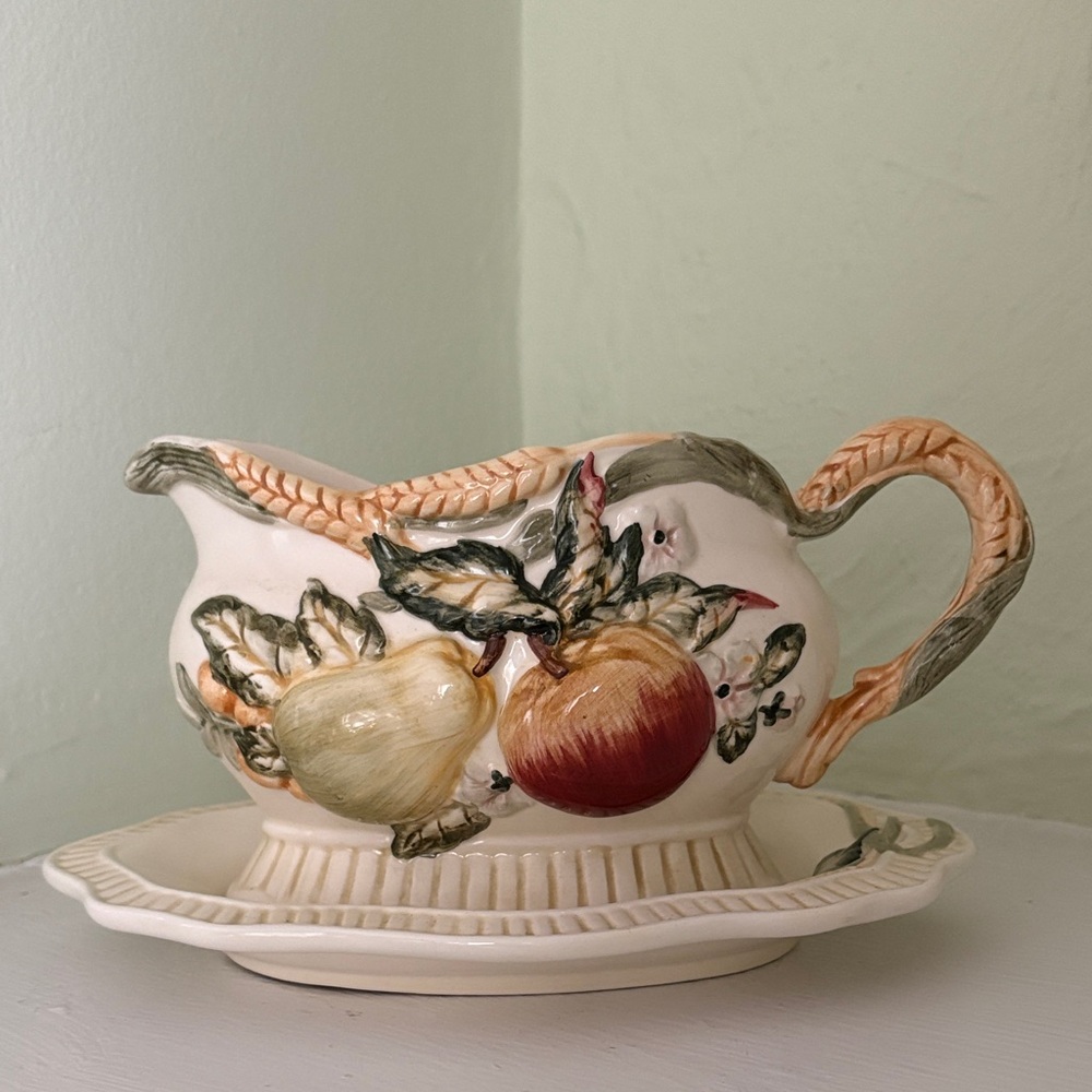 NWT Vintage GANZ Bella Casa Ceramic Autumn Harvest Gravy Boat & Saucer